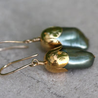 Olive Green Biwa Freshwater Pearl Acorn/Tulip Earrings