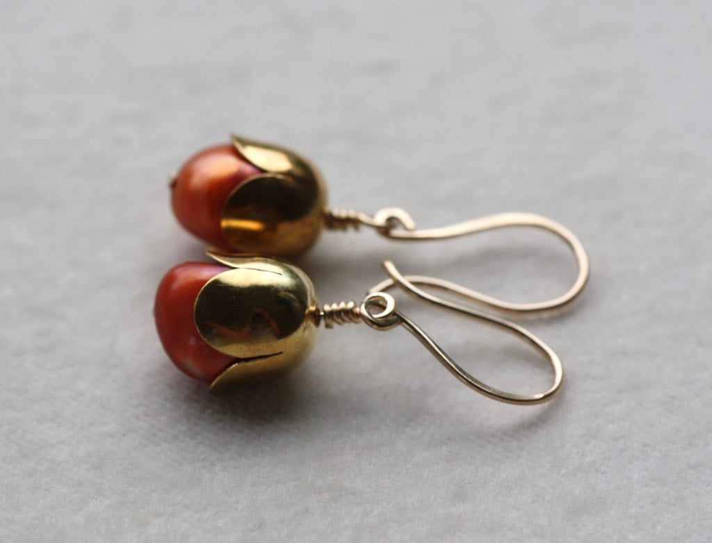 Orange Freshwater Pearl Acorn/Tulip Earrings