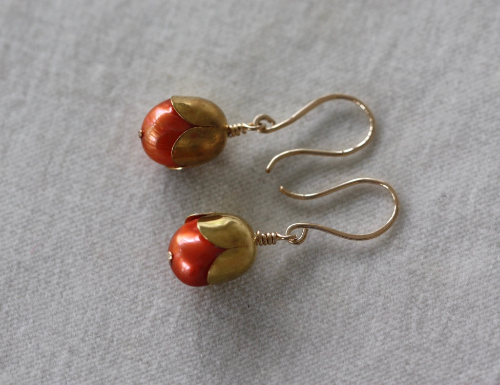 Orange Freshwater Pearl Acorn/Tulip Earrings
