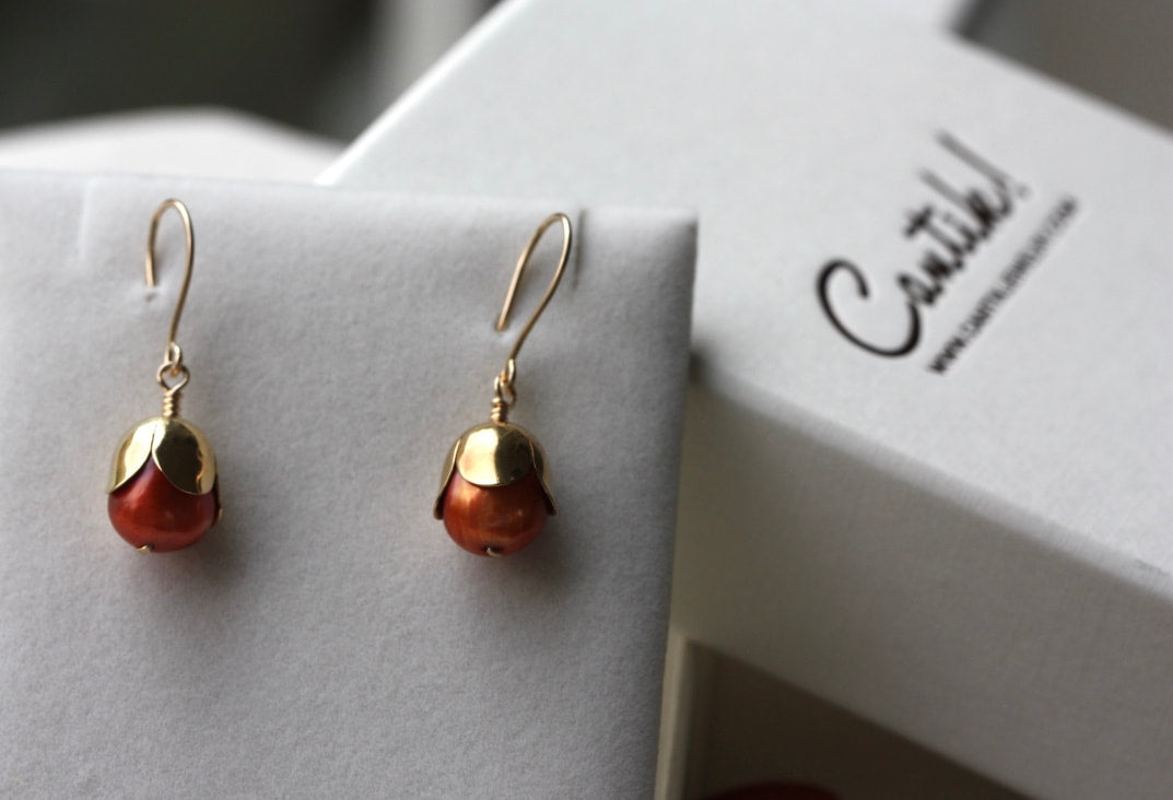 Orange Freshwater Pearl Acorn/Tulip Earrings