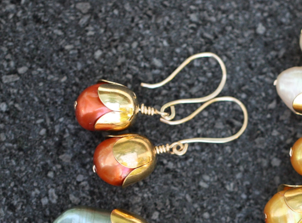 Orange Freshwater Pearl Acorn/Tulip Earrings