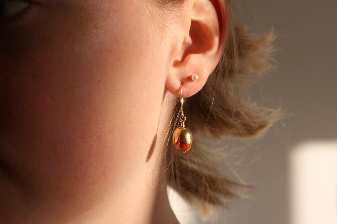 Orange Freshwater Pearl Acorn/Tulip Earrings