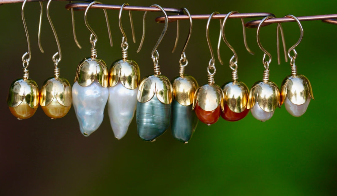 Orange Freshwater Pearl Acorn/Tulip Earrings
