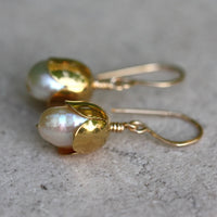 Cream White Freshwater Pearl Acorn/Tulip Earrings