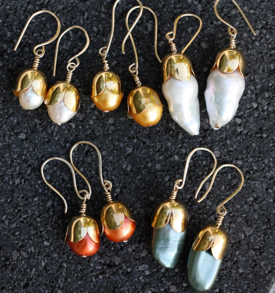 Cream White Freshwater Pearl Acorn/Tulip Earrings