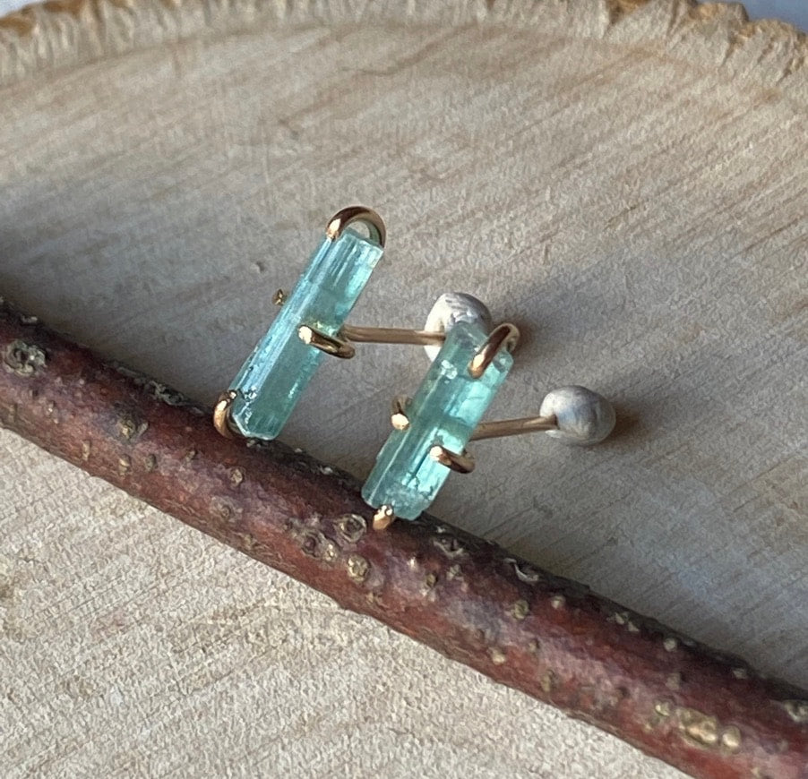 Raw Paraiba Blue Green Tourmaline Stud Earrings