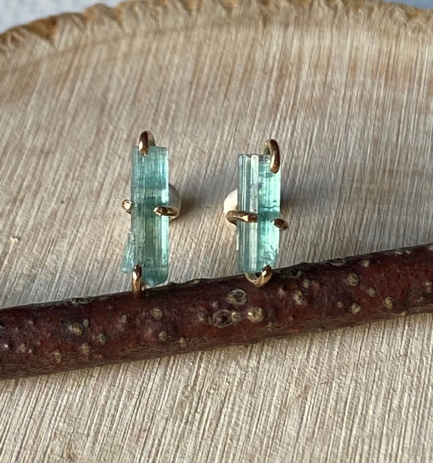 Raw Paraiba Blue Green Tourmaline Stud Earrings