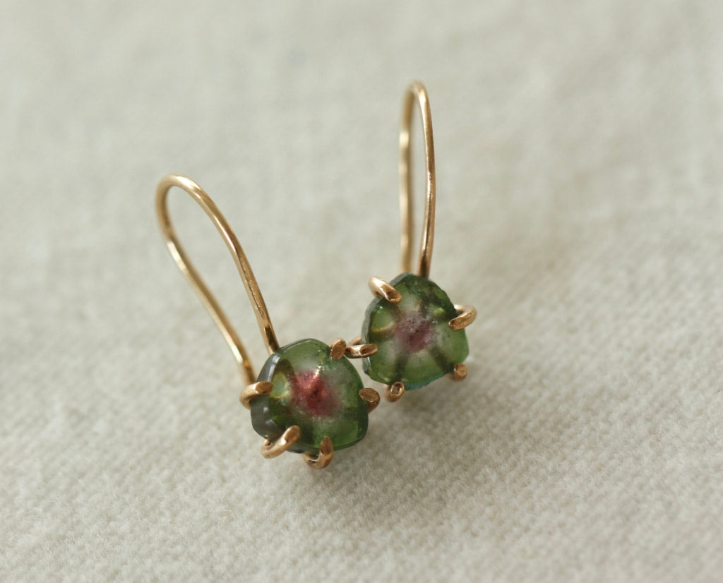 Bi-Color Watermelon Tourmaline Slice Earrings, Green and Pink Tourmaline Earrings