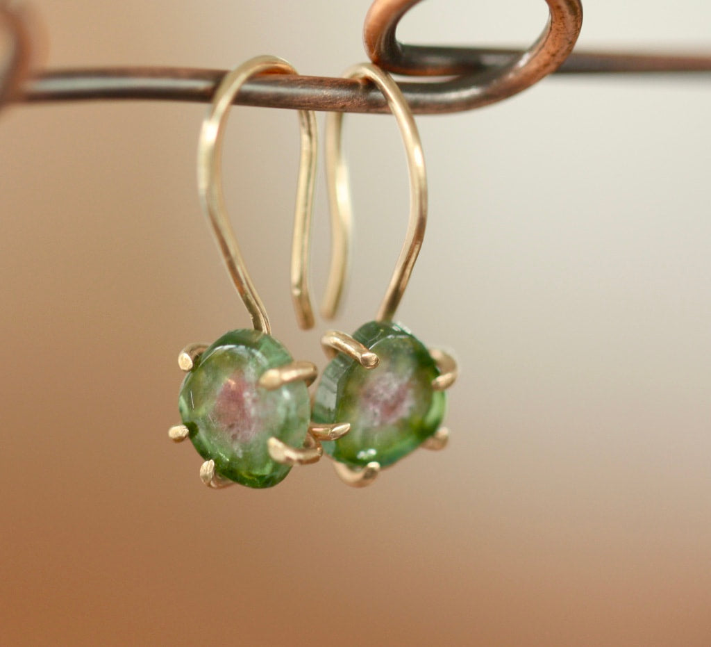 Bi-Color Watermelon Tourmaline Slice Earrings, Green and Pink Tourmaline Earrings