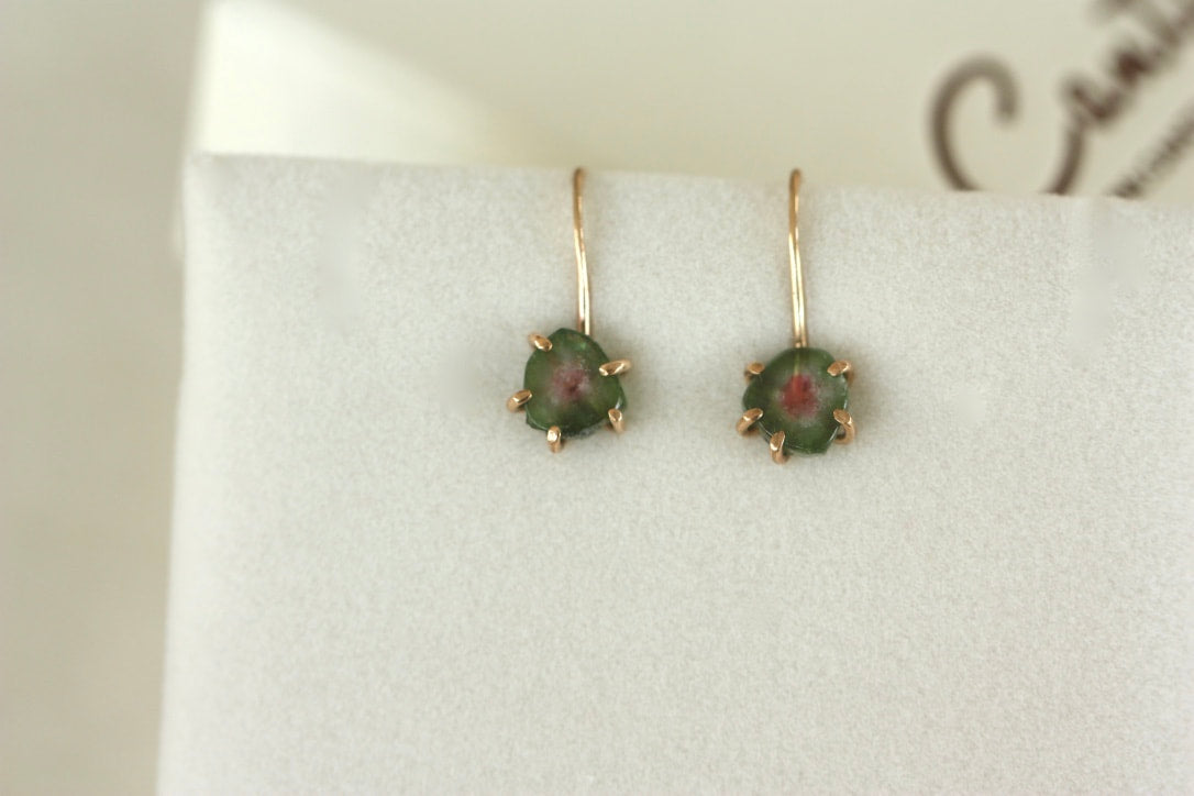 Bi-Color Watermelon Tourmaline Slice Earrings, Green and Pink Tourmaline Earrings