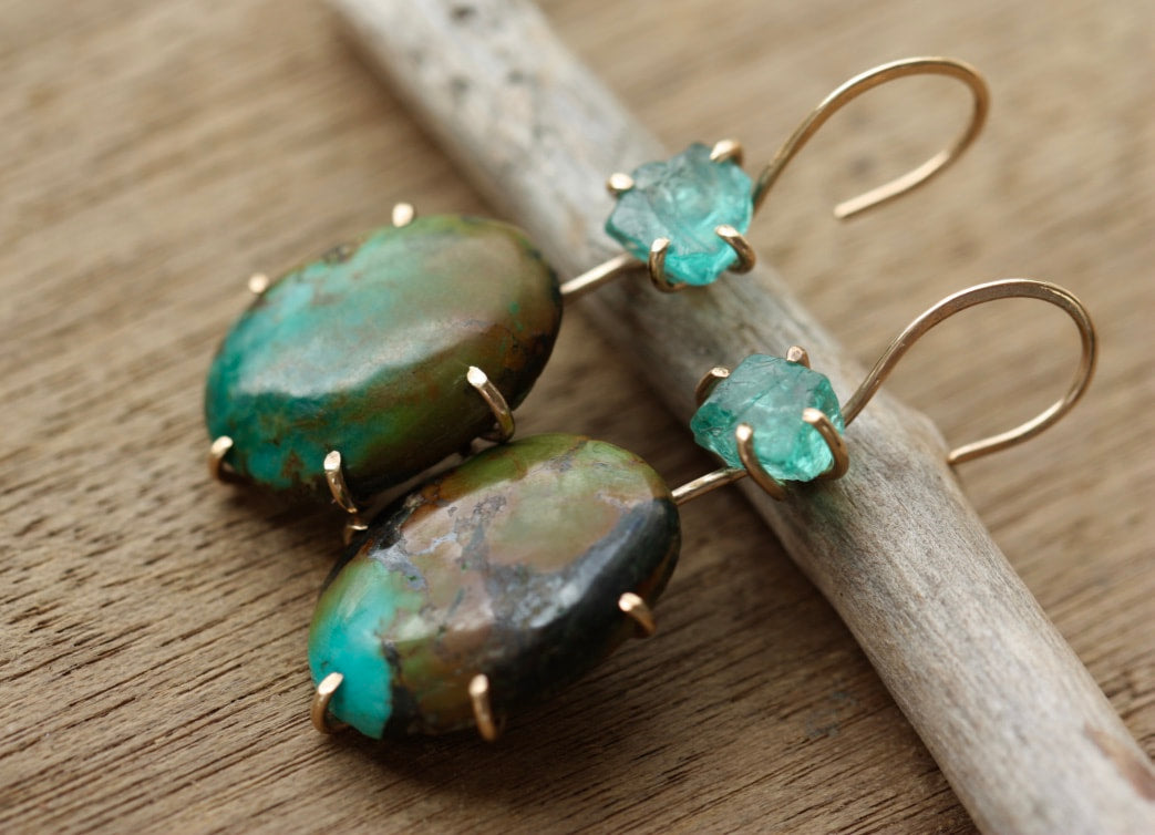 Tibetan Turquoise and Raw Madagascar Neon Apatite Earrings
