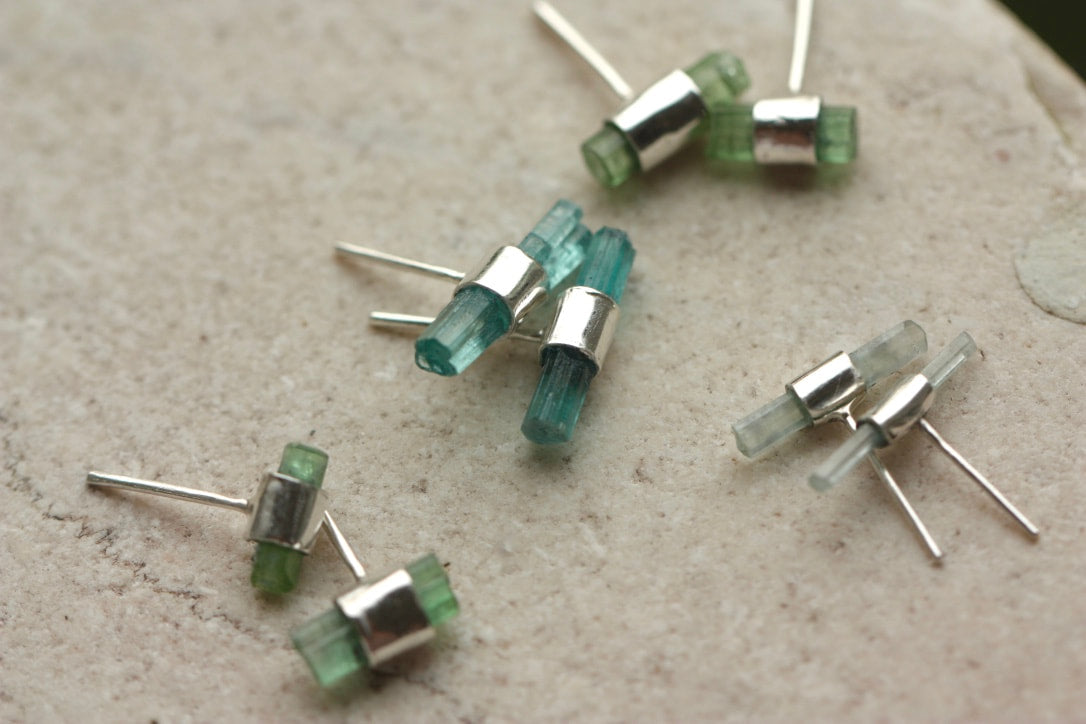 Raw Light Green/Blue Tourmaline Stud Earrings
