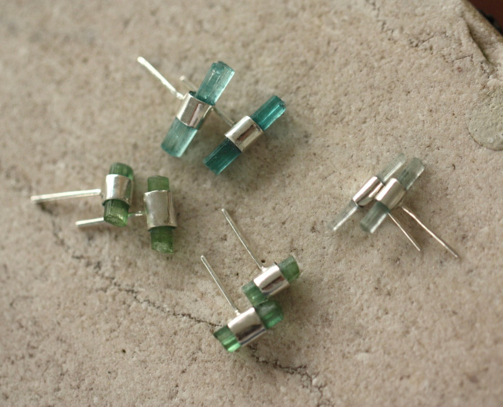 Raw Light Green/Blue Tourmaline Stud Earrings