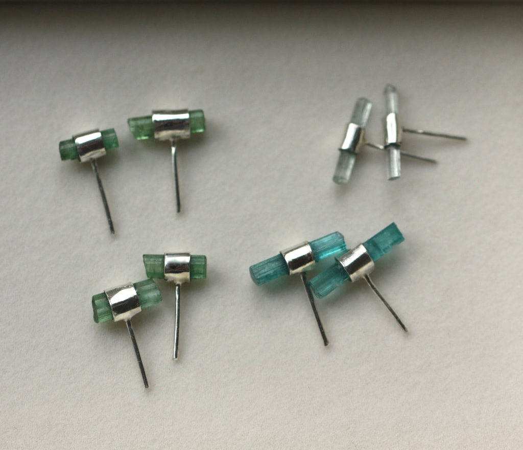 Raw Light Green/Blue Tourmaline Stud Earrings
