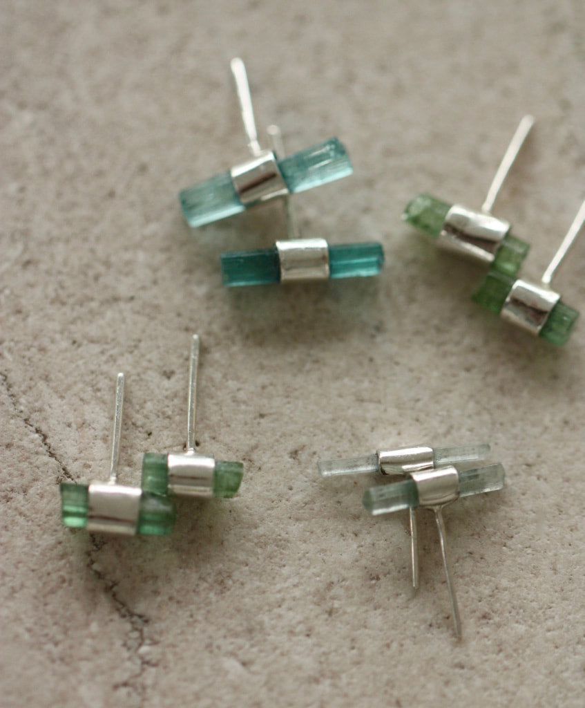 Raw Light Green/Blue Tourmaline Stud Earrings