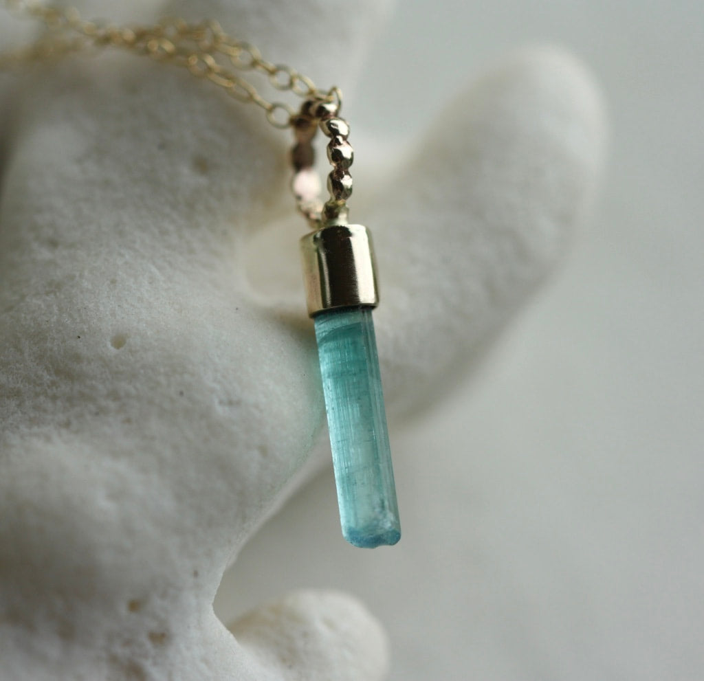 Raw Paraiba Blue/Green Tourmaline Pendant Necklace, October Birthstone Pendant Necklace, 14k Gold