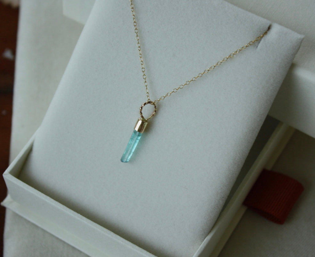 Raw Paraiba Blue/Green Tourmaline Pendant Necklace, October Birthstone Pendant Necklace, 14k Gold