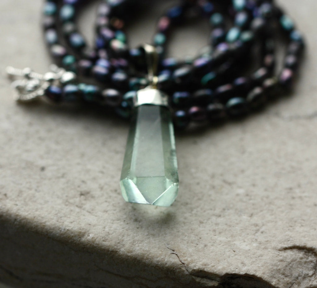 Light Green Fluorite Crystal Point Pendant and Metallic Freshwater Pearl Necklace