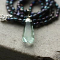 Light Green Fluorite Crystal Point Pendant and Metallic Freshwater Pearl Necklace