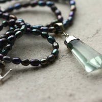Light Green Fluorite Crystal Point Pendant and Metallic Freshwater Pearl Necklace