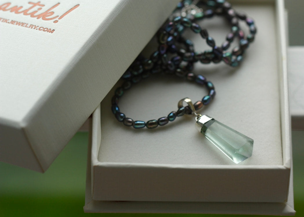 Light Green Fluorite Crystal Point Pendant and Metallic Freshwater Pearl Necklace