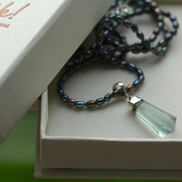 Light Green Fluorite Crystal Point Pendant and Metallic Freshwater Pearl Necklace