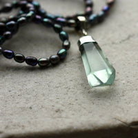 Light Green Fluorite Crystal Point Pendant and Metallic Freshwater Pearl Necklace