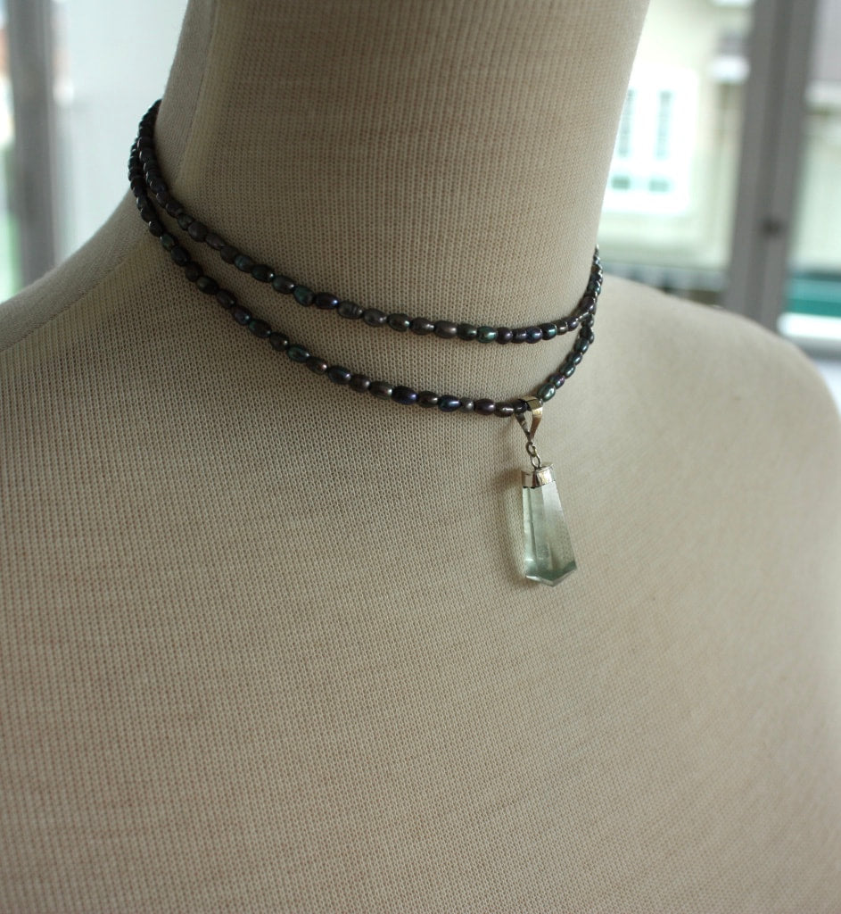 Light Green Fluorite Crystal Point Pendant and Metallic Freshwater Pearl Necklace