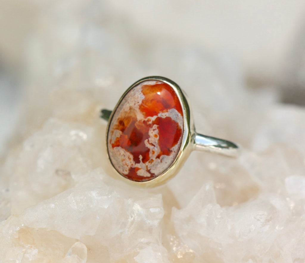 Mexican Fire Opal Ring, Mexican Cantera Opal Ring, 14k Gold and Sterling Silver