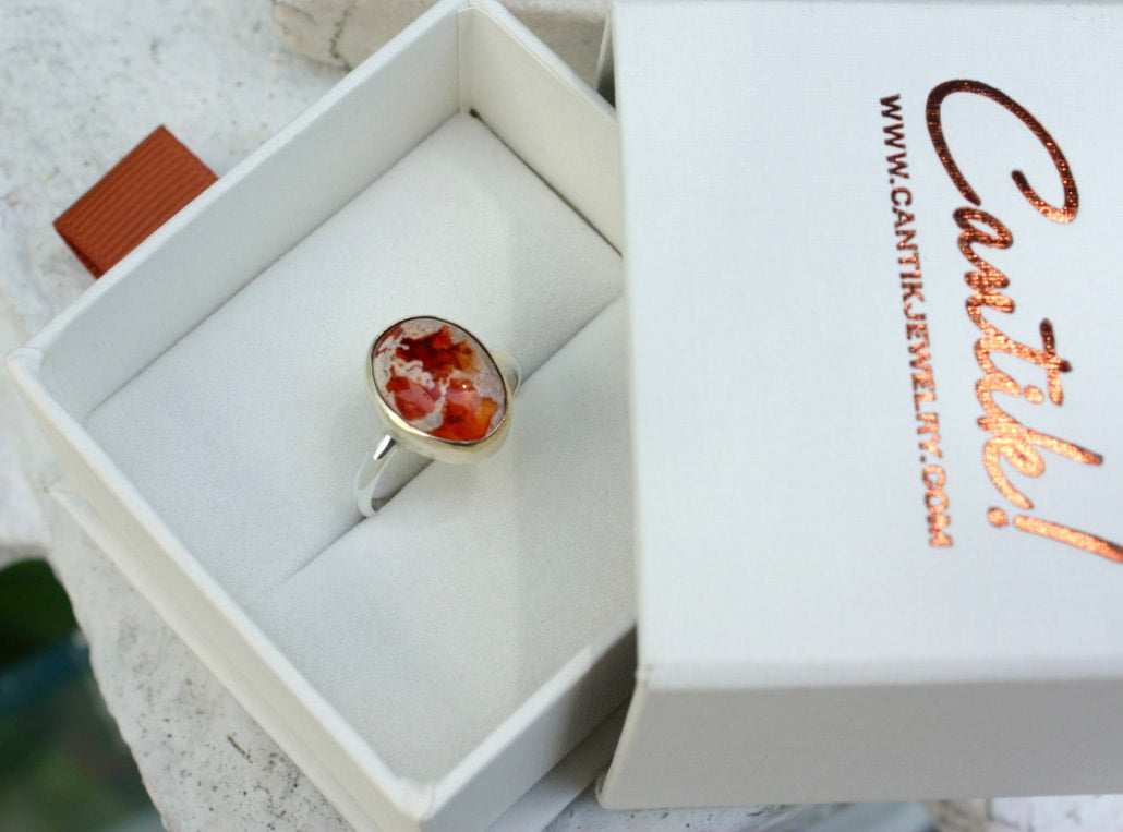 Mexican Fire Opal Ring, Mexican Cantera Opal Ring, 14k Gold and Sterling Silver