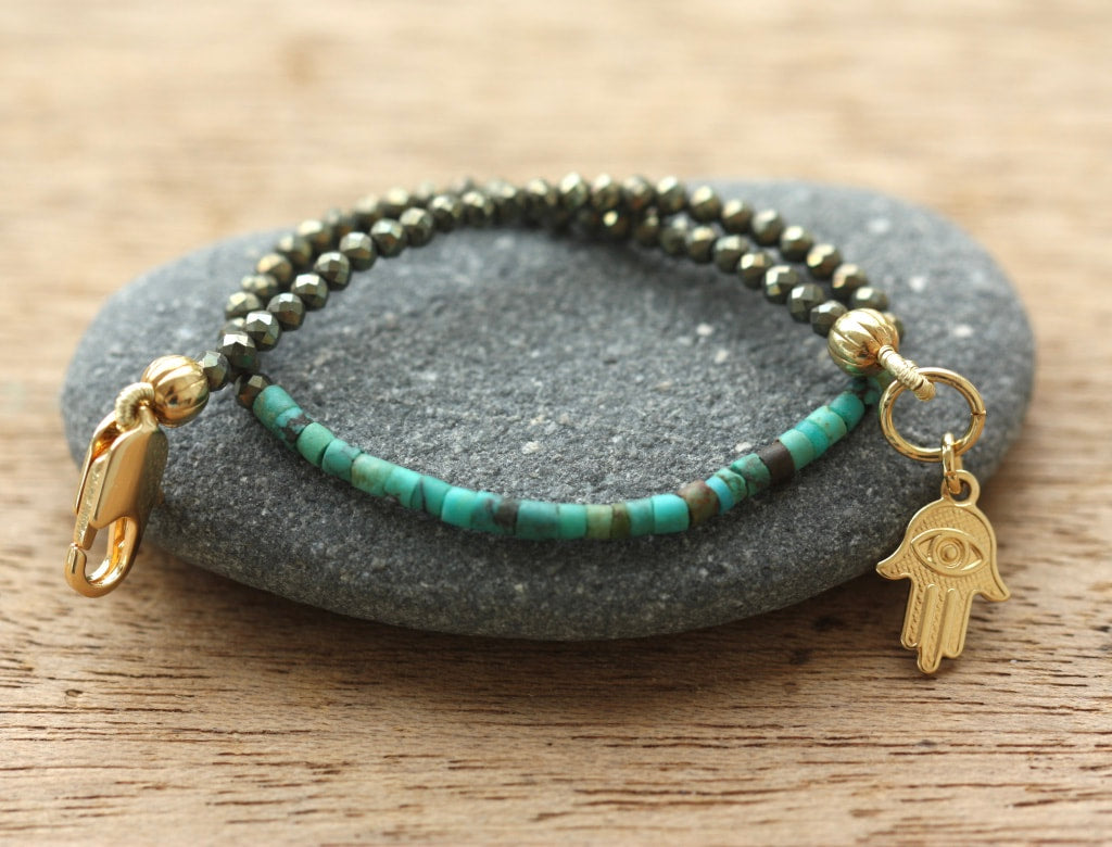 Skinny Natural Turquoise and Pyrite Hamsa Hand Amulet Bracelet, December Birthstone Bracelet