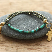 Skinny Natural Turquoise and Pyrite Hamsa Hand Amulet Bracelet, December Birthstone Bracelet