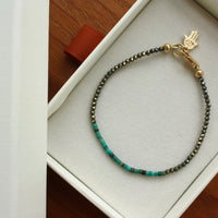 Skinny Natural Turquoise and Pyrite Hamsa Hand Amulet Bracelet, December Birthstone Bracelet