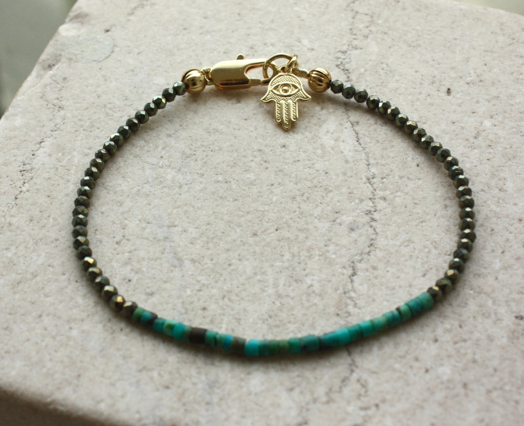 Skinny Natural Turquoise and Pyrite Hamsa Hand Amulet Bracelet, December Birthstone Bracelet