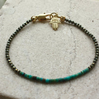 Skinny Natural Turquoise and Pyrite Hamsa Hand Amulet Bracelet, December Birthstone Bracelet
