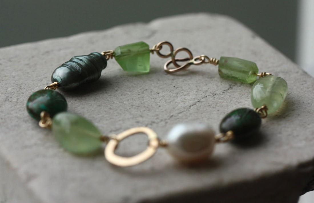 Peridot, Tibetan Turquoise, Prehnite and Pearl Bracelet