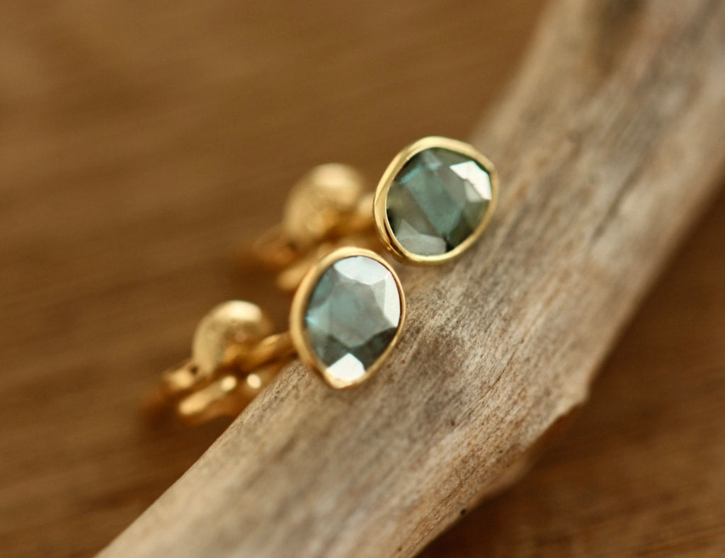 Raw Polki Cut Blue Diamond Slice Stud Earrings, 18k Gold