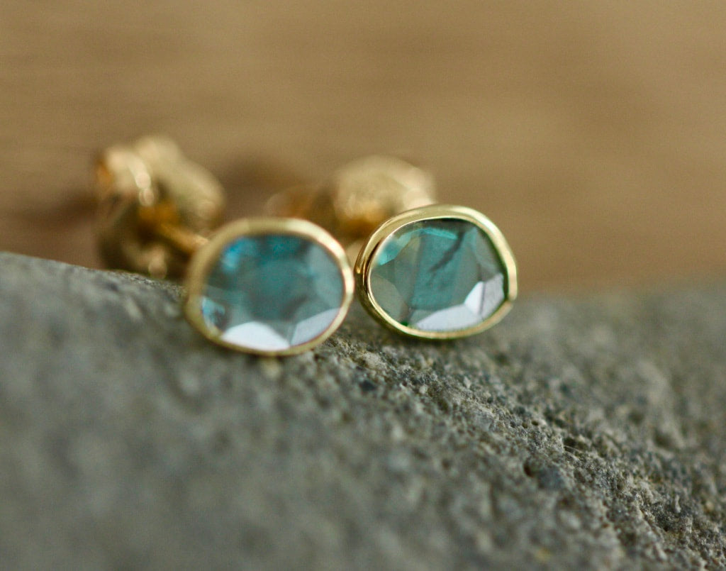 Raw Polki Cut Blue Diamond Slice Stud Earrings, 18k Gold