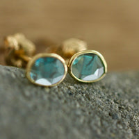 Raw Polki Cut Blue Diamond Slice Stud Earrings, 18k Gold