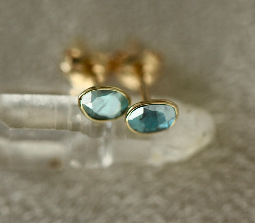 Raw Polki Cut Blue Diamond Slice Stud Earrings, 18k Gold