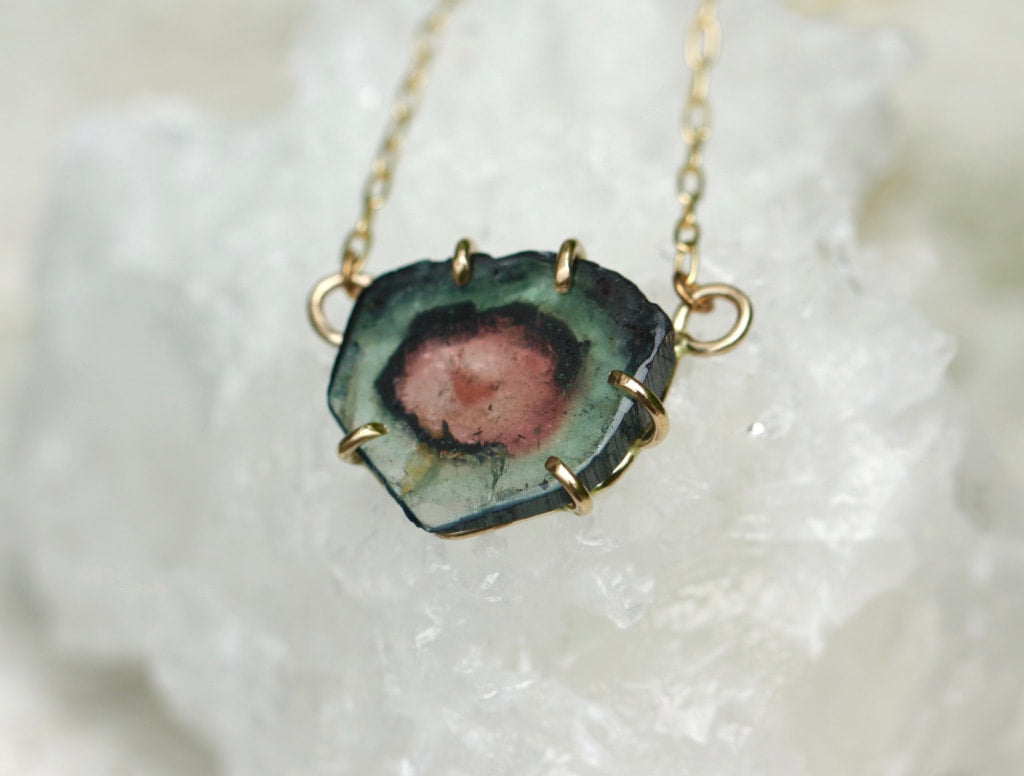 Raw Bicolor Watermelon Tourmaline Slice 'Heart' Necklace Pendant, October Birthstone Necklace Pendant