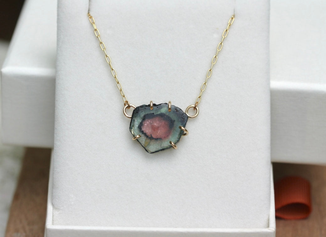 Raw Bicolor Watermelon Tourmaline Slice 'Heart' Necklace Pendant, October Birthstone Necklace Pendant