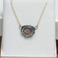 Raw Bicolor Watermelon Tourmaline Slice 'Heart' Necklace Pendant, October Birthstone Necklace Pendant