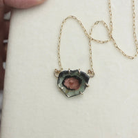 Raw Bicolor Watermelon Tourmaline Slice 'Heart' Necklace Pendant, October Birthstone Necklace Pendant