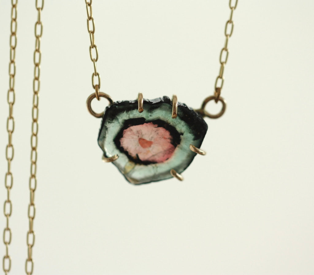 Raw Bicolor Watermelon Tourmaline Slice 'Heart' Necklace Pendant, October Birthstone Necklace Pendant