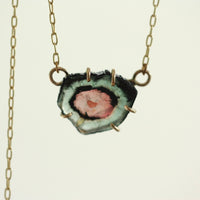 Raw Bicolor Watermelon Tourmaline Slice 'Heart' Necklace Pendant, October Birthstone Necklace Pendant