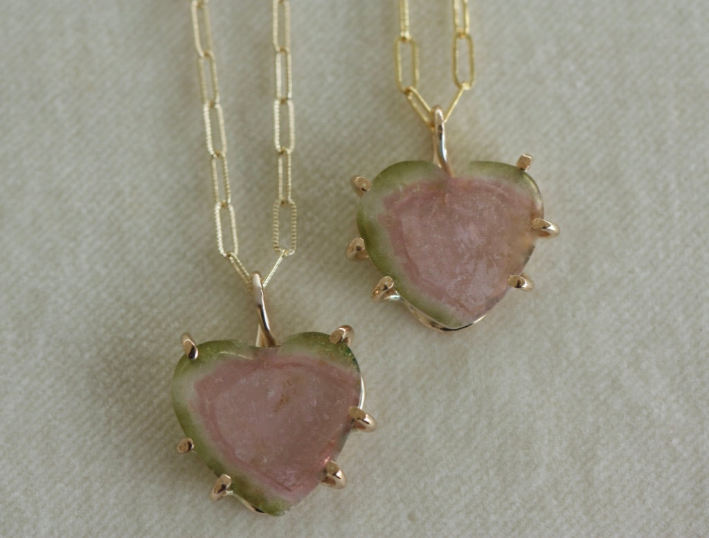 Watermelon Tourmaline Heart Pendant Necklace, October Birthstone Necklace