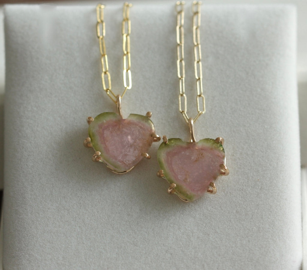 Watermelon Tourmaline Heart Pendant Necklace, October Birthstone Necklace