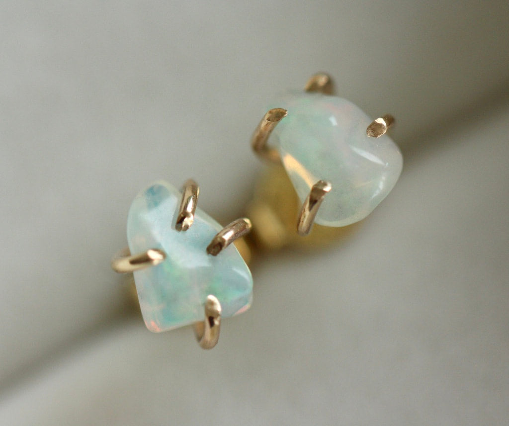Raw Ethiopian White Opal Stud Earrings, October Birthstone Earrings