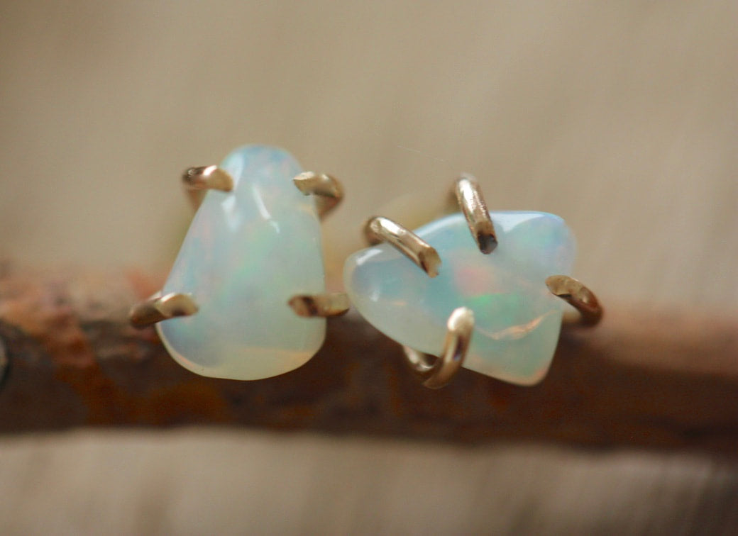 Raw Ethiopian White Opal Stud Earrings, October Birthstone Earrings